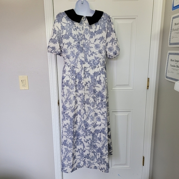 NWT Dazy Blue White Floral Contrast Collar Buttons Puff Sleeve Midi Dress Size L - Picture 5 of 11
